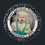 Uw foto 40th Birthday Number Pattern | Zwart Ronde Button 4,0 Cm<br><div class="desc">Dit is een herdenkingsknop met je foto en tekst om je 40ste verjaardag te vieren. Er is een tekst sjabloon om het gemakkelijk te maken om het bericht en de datum te veranderen. Er is ook een fotomalplaatje om het gemakkelijk te maken om uw afbeelding toe te voegen. Dit zwart-wit...</div>