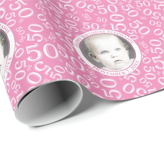 Uw foto | 50e roze willekeurige nummerpatroon cadeaupapier (Rol Hoek)