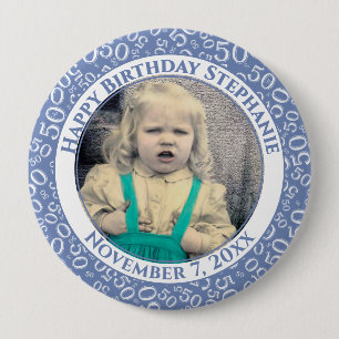 Uw foto 50th Birthday Number Pattern   Blauw Ronde Button 4,0 Cm