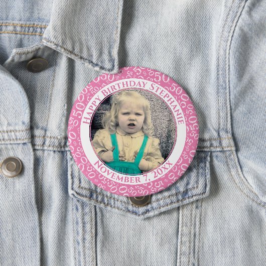 Uw foto 50th Birthday Number Pattern | Roze Ronde Button 4,0 Cm (In situ)