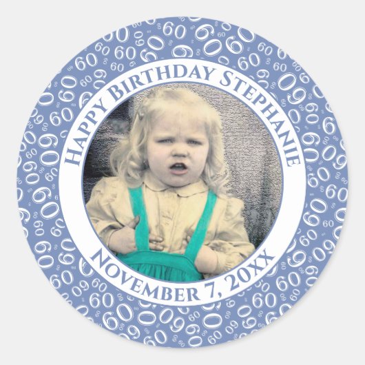 Uw foto 60th Birthday Number | Blauw/wit 60 Ronde Sticker (Voorkant)