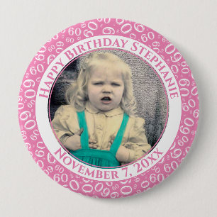Uw foto 60th Birthday Number Pattern   Roze Ronde Button 4,0 Cm