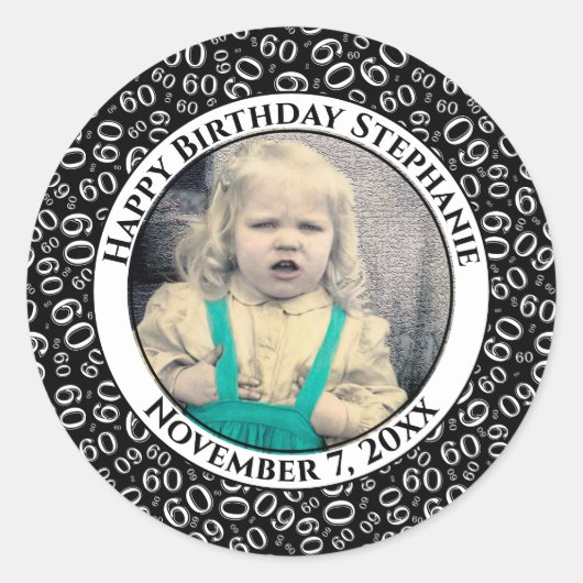 Uw foto 60th Birthday Number | Zwart/wit 60 Ronde Sticker (Voorkant)