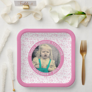 Uw foto 75 Willekeurig Getal Patroon Roze/Wit Papieren Bordje