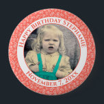 Uw foto 80th Birthday Number Pattern | Koraal Ronde Button 4,0 Cm<br><div class="desc">Dit is een herdenkingsknop met je foto en tekst om je 80ste verjaardag te vieren. Er is een tekst sjabloon om het gemakkelijk te maken om het bericht en de datum te personaliseren. Er is ook een fotomalplaatje om het gemakkelijk te maken om uw afbeelding toe te voegen. Dit koraal-en-witte...</div>
