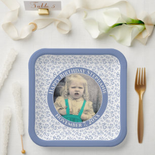 Uw foto 85 Willekeurig Getal Patroon Blauw/Wit Papieren Bordje