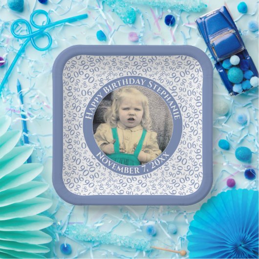 Uw foto 90 Willekeurig Getal Patroon Blauw/Wit Papieren Bordje (Feest)