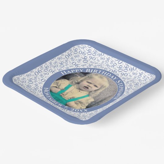 Uw foto 90 Willekeurig Getal Patroon Blauw/Wit Papieren Bordje (Gebogen)
