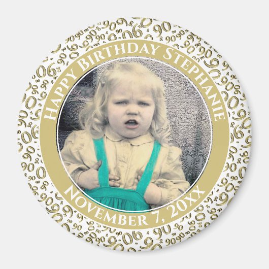 Uw foto 90e verjaardag patroon | Goud/Wit Magneet (Voorkant)