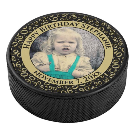 Uw foto 90e willekeurige nummerpatroon zwart/goud hockey puck (3/4)
