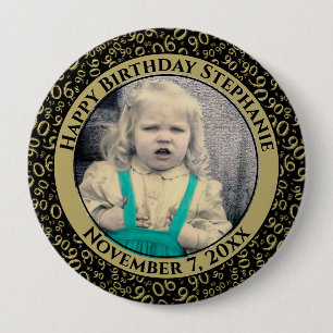 Uw foto 90th Birthday Number Pattern Black/Gold Ronde Button 4,0 Cm