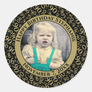 Uw foto 90th Birthday Number   Zwart/goud 90 Ronde Sticker