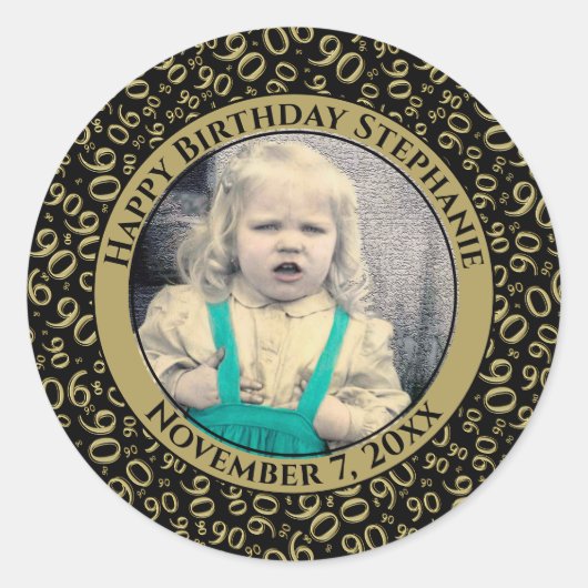 Uw foto 90th Birthday Number | Zwart/goud 90 Ronde Sticker (Voorkant)