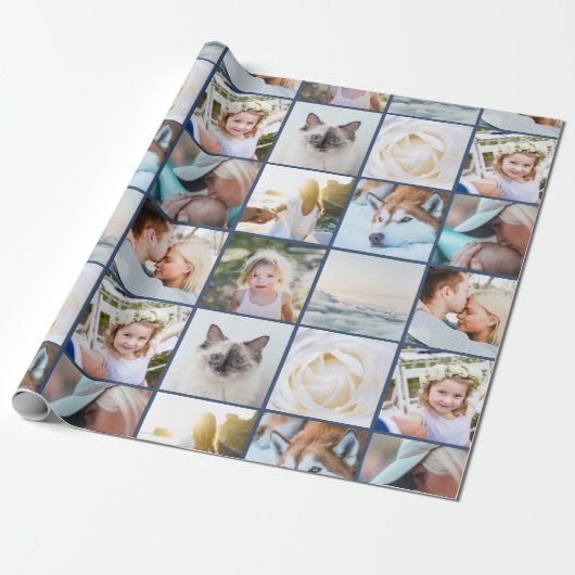 Uw foto aangepaste rastercollage marineblauw cadeaupapier (Uitgerold)