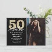 Uw foto Black Gold 50 Fabulous Birthday Party Kaart (Staand voorkant)