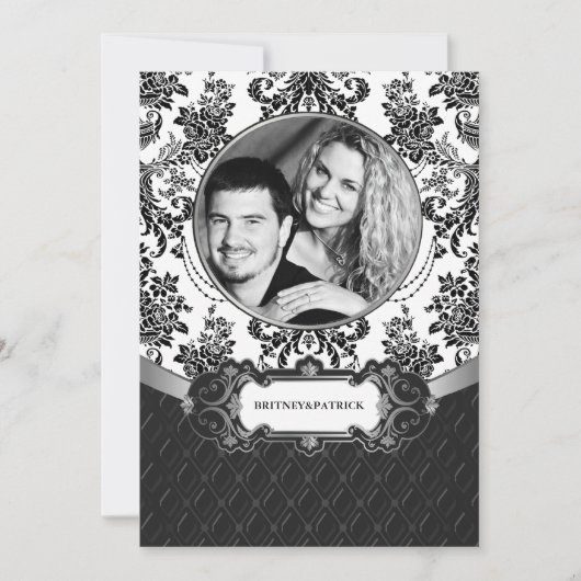 Uw foto Black White Damask Wedding Invitations Kaart (Voorkant)