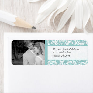 Uw foto Bruiloft  Damask Aqua Blue Etiket