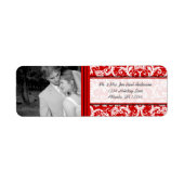 Uw foto Bruiloft  Rood Damask Etiket (Voorkant)