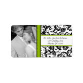 Uw foto Bruiloft  Zwart Groen Damask Etiket (Voorkant)