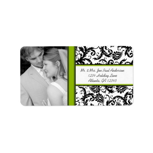 Uw foto Bruiloft  Zwart Groen Damask Etiket (Voorkant)