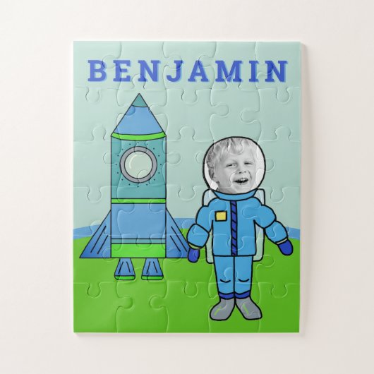 Uw foto Cute Astronaut Boy Rocket met naam Legpuzzel (Verticaal)