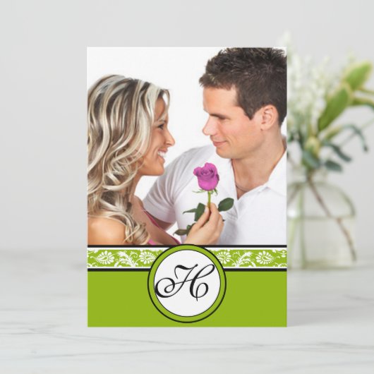 Uw foto Damask Apple Green Wedding Invitation Kaart (Staand voorkant)