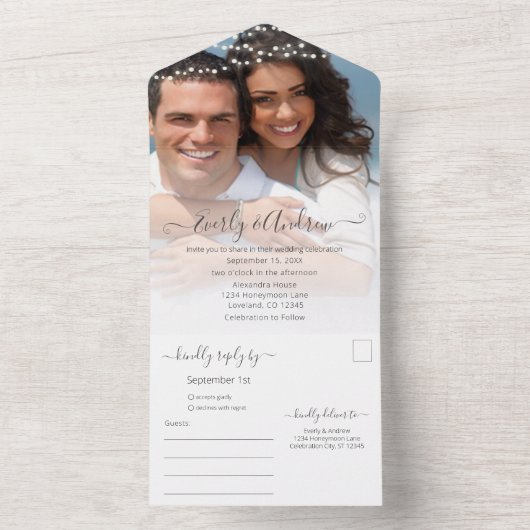 Uw foto Eenvoudig Modern String Lights Weddenschap All In One Uitnodiging (Binnen)