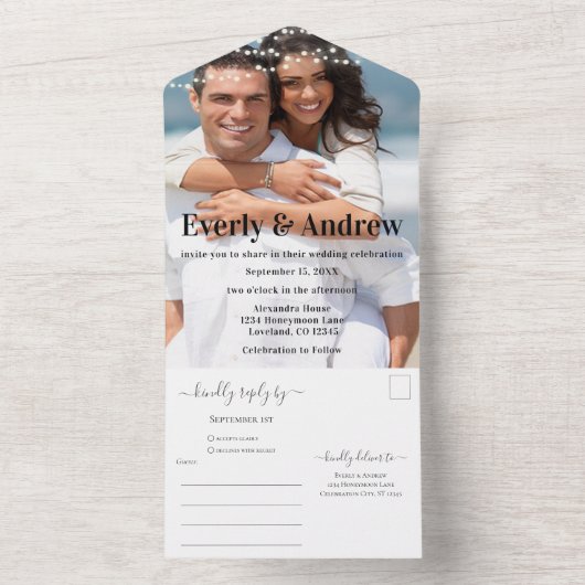 Uw foto Eenvoudig Modern String Lights Weddenschap All In One Uitnodiging (Binnen)