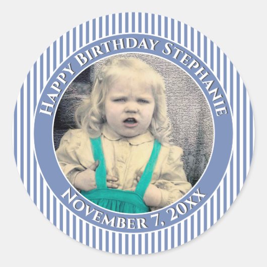 Uw foto Eenvoudige Strepen Patroon Blauw/Wit Ronde Sticker (Voorkant)