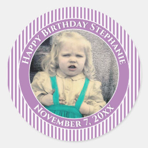Uw foto Eenvoudige Stripes Patroon Lavendel/Wit Ronde Sticker