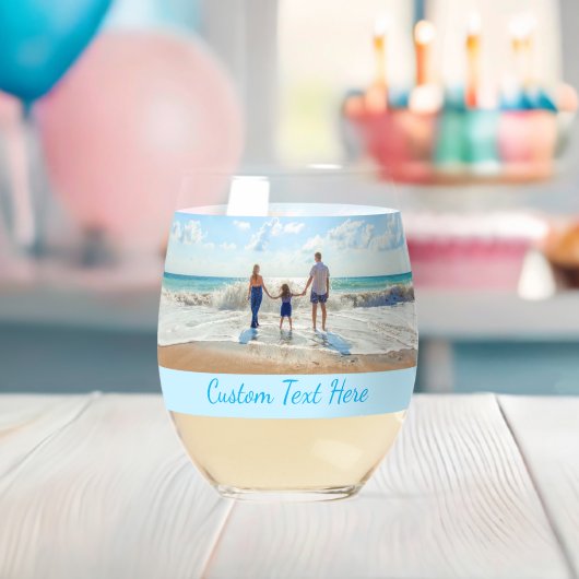 Uw foto en aangepaste tekst gepersonaliseerd wijnglas zonder voet (Insitu (Baby Shower))