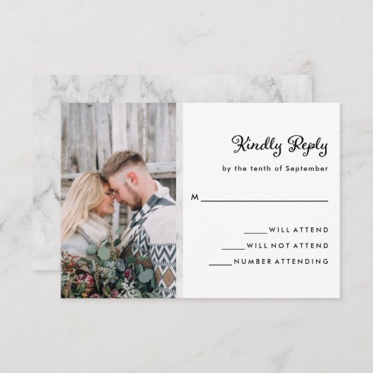 Uw foto en elegante marmeren look | Bruiloft RSVP Kaartje (Voorkant / Achterkant)