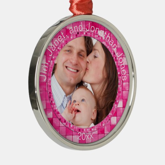 Uw foto en tekst - Duo-tone Fuchsia Tile Pattern Metalen Ornament (Rechts)