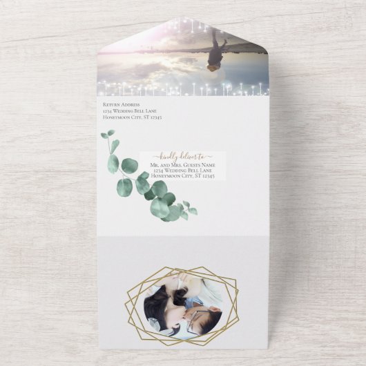 Uw foto Eucalyptus Tree Gold Geometric Lijst All In One Uitnodiging (Buitenkant)