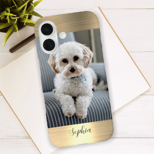 Uw foto, Faux Gold Metal & Script Naam iPhone 16 Hoesje