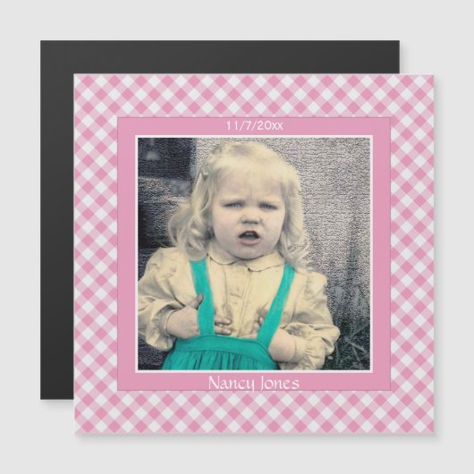 Uw foto: Gingham controleert patroon roze/wit Magnetische Uitnodiging (Voorkant / Achterkant)