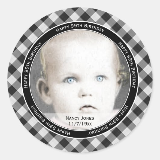 Uw foto: Gingham controleert Patroon zwart/wit Ronde Sticker (Voorkant)