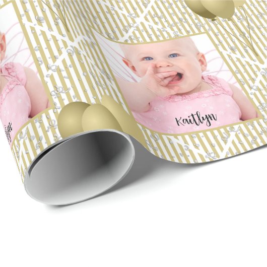 Uw foto goud/wit eenvoudige strepen patroon cadeaupapier (Rol Hoek)