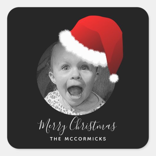 Uw foto Grappige Kerstmis Santa Hat familienaam Vierkante Sticker (Voorkant)