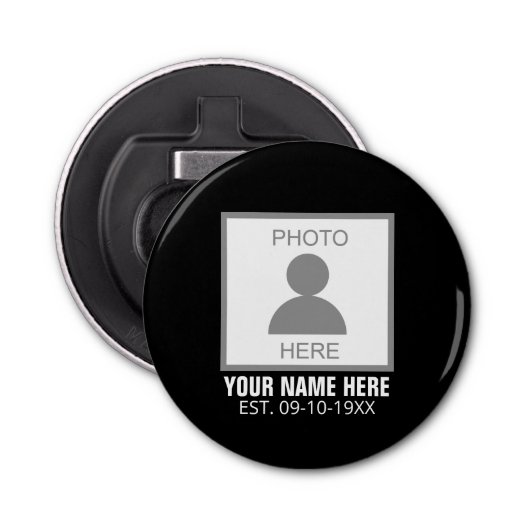 Uw foto hier Naam en Leeftijd Button Flesopener (Voorkant)