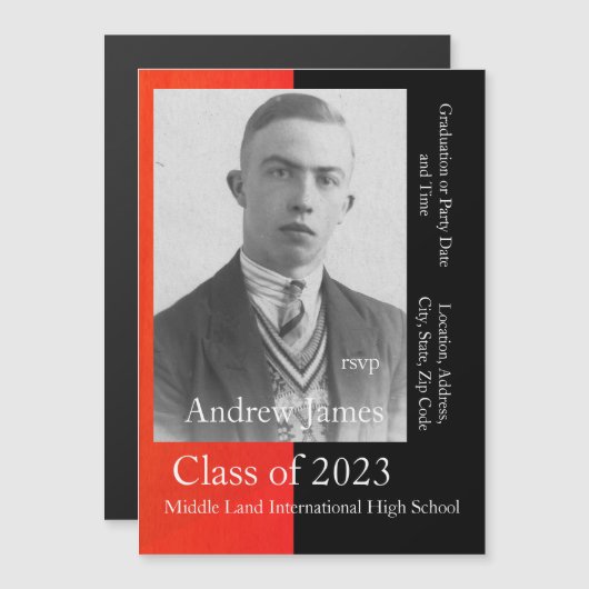 Uw foto in rood en zwart - klasse van 2023 magnetische uitnodiging (Voorkant / Achterkant)