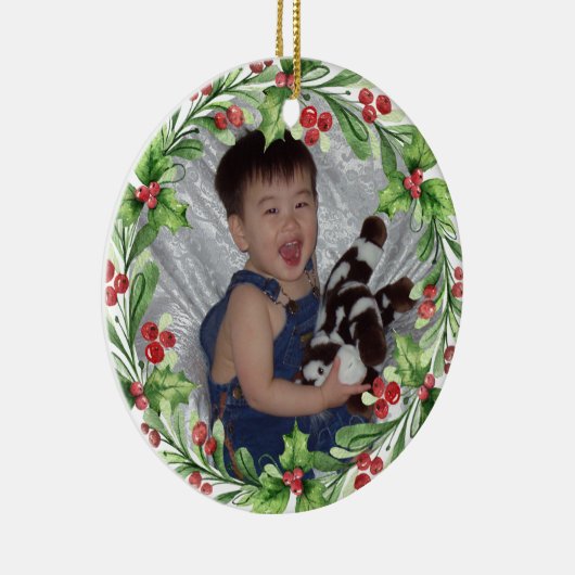 Uw foto met Holly en Red Berries Keramisch Ornament (Rechts)