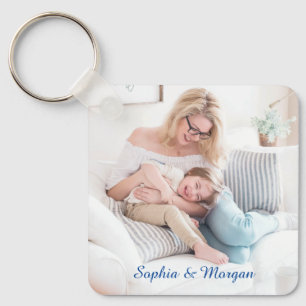 Uw foto & naam/namen in blauwe script sleutelhange sleutelhanger