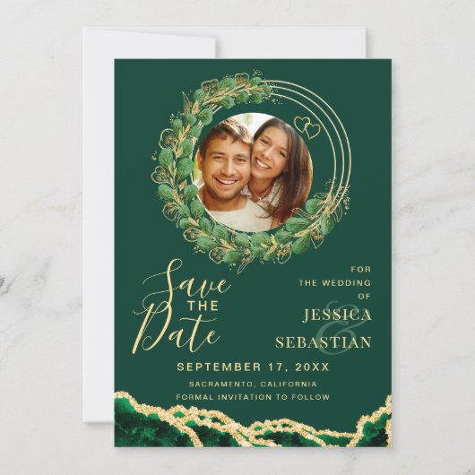Uw foto QR-code Emerald Green & Gold Save The Date (Voorkant)