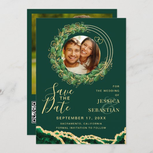 Uw foto QR-code Emerald Green & Gold Save The Date (Voorkant / Achterkant)