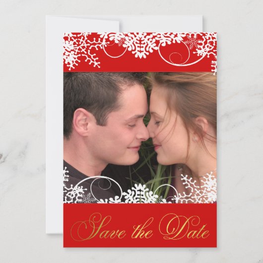 Uw foto Red & Gold Winter Snow Save the Dates Date (Voorkant)