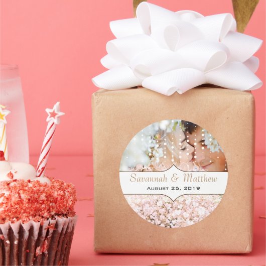 Uw foto-Romantische HeartLeaf Roos Gold Pink-struc Ronde Sticker (Feest)