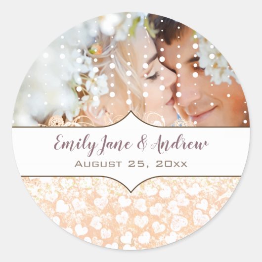 Uw foto-Romantische HeartLeaf Roos Gold Pink-struc Ronde Sticker (Voorkant)