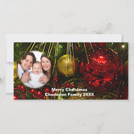 Uw foto rood & gouden ornamenten feestdagenkaart (Voorkant)