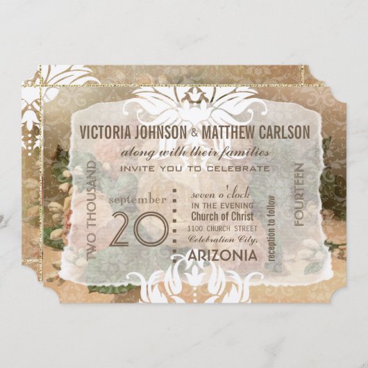 Uw foto Roos Gold Floral bruiloft uitnodigingen (Voorkant / Achterkant)